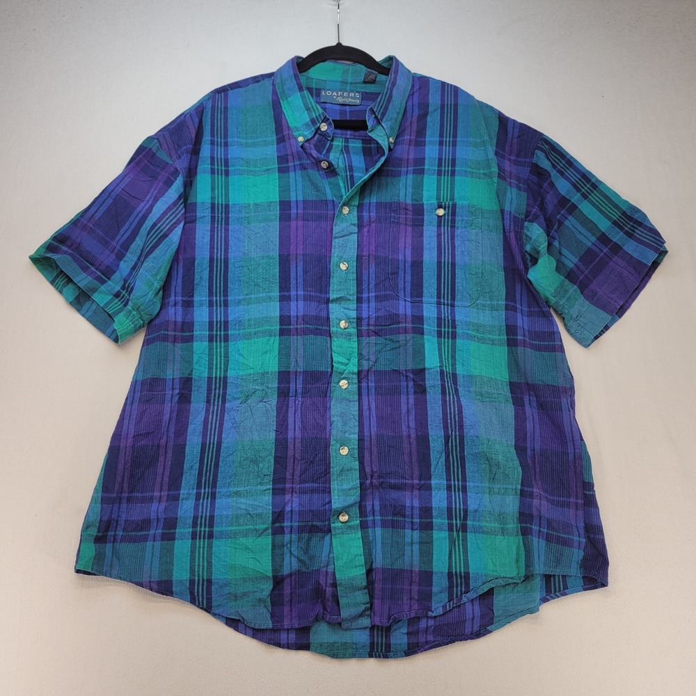 Loafers Button Down Shirt Mens 2X Big Blue Plaid Vintage Short Sleeve Cotton